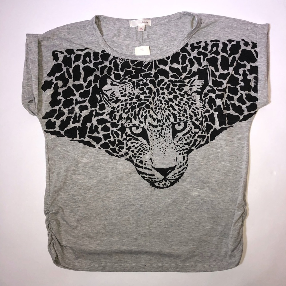 Forever 21 Plus Grey Ruched Sides Cheetah Tee 2X